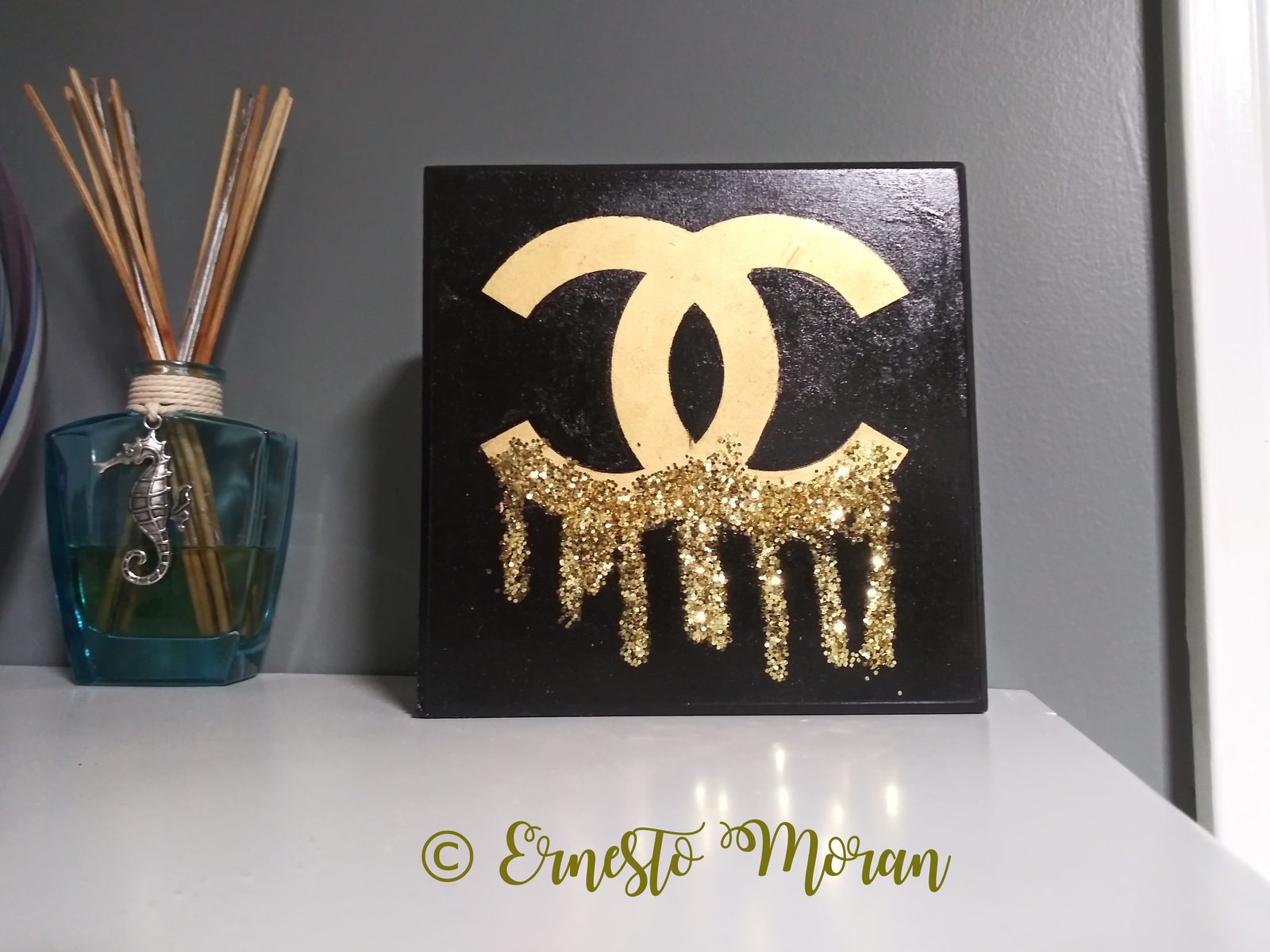 Chanel logo canvas with gold glitter drip