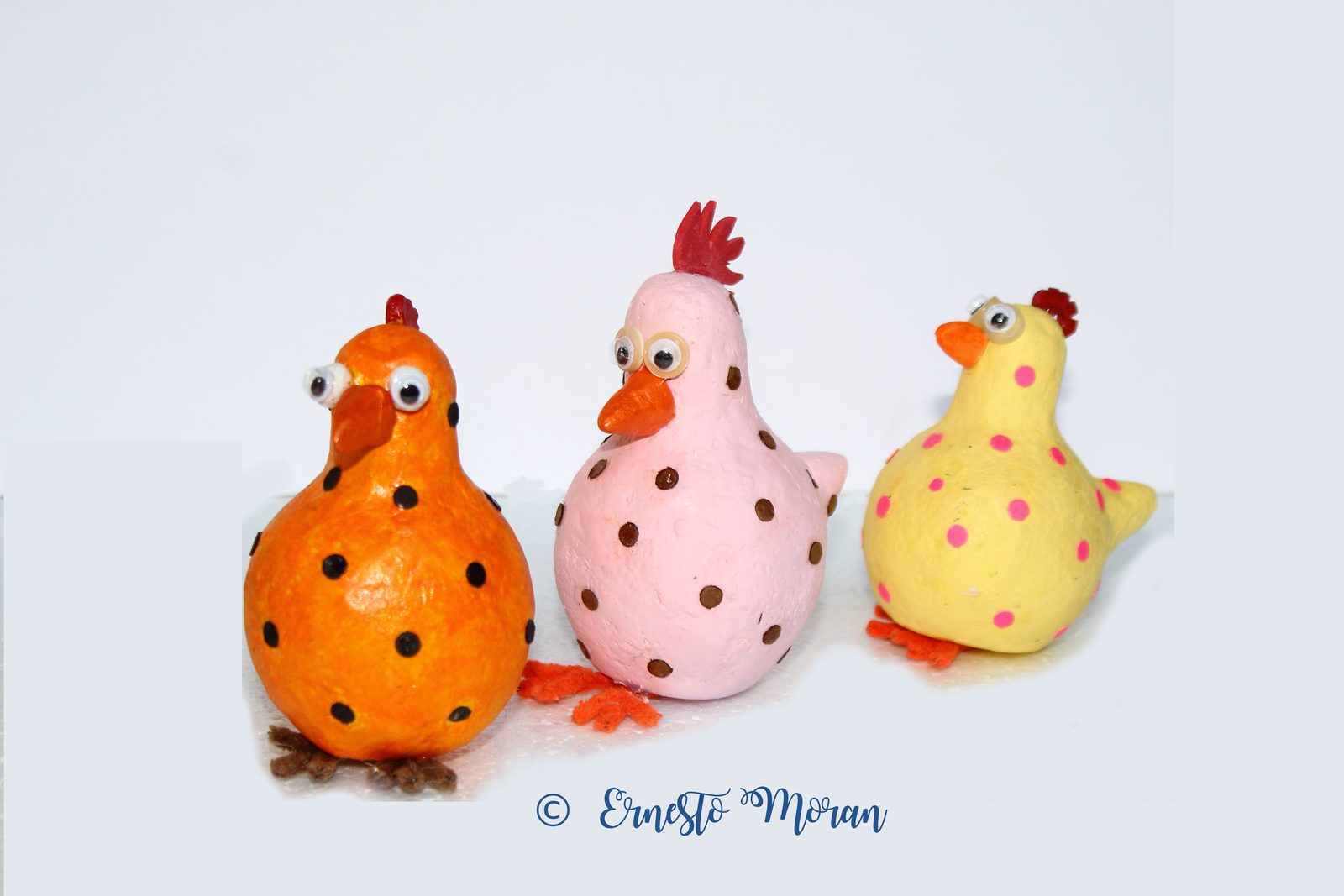Handmade polka-dot chicken figurines