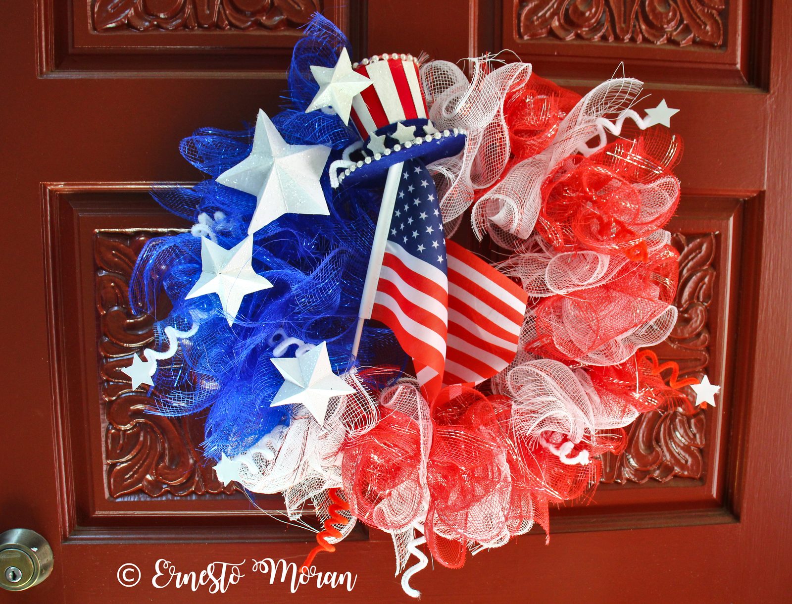 Red white and blue patriotic deco mesh wreath